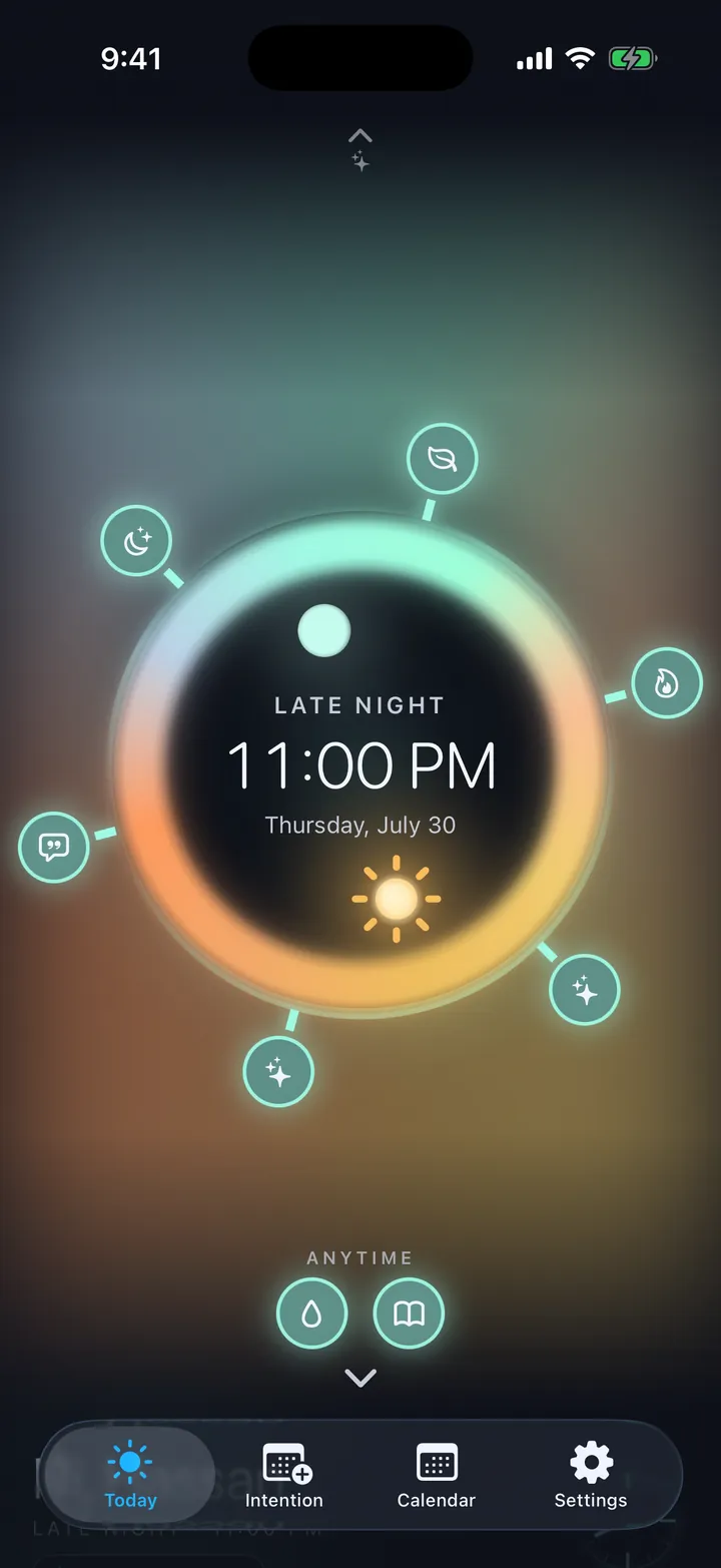 The Living Sky dial at 11 PM: a dark face reading LATE NIGHT with every practice glyph glowing complete around the ring.