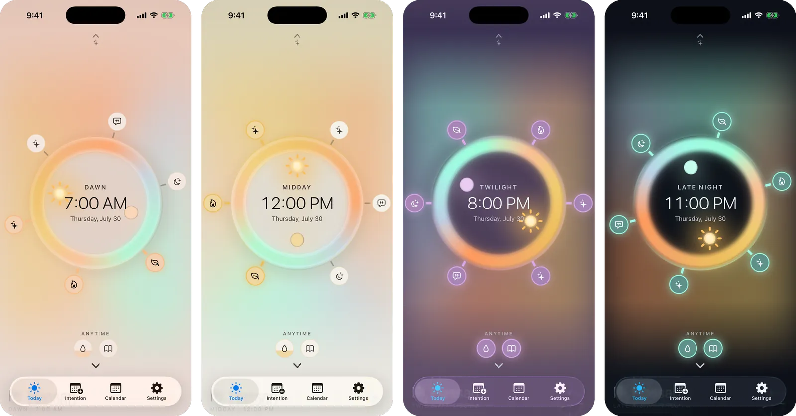 The Living Sky dial at four times of one day: pale dawn, golden midday, violet blue hour, and dark late night.