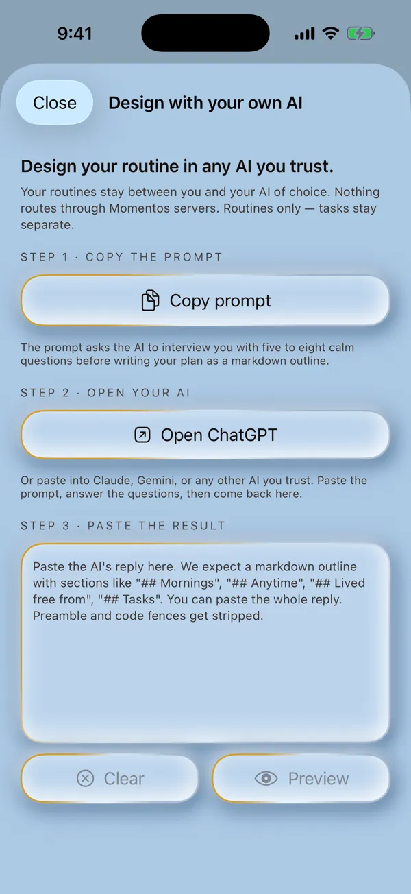 The Design with your own AI sheet: copy a prompt, open any AI, paste the result back to build a plan.