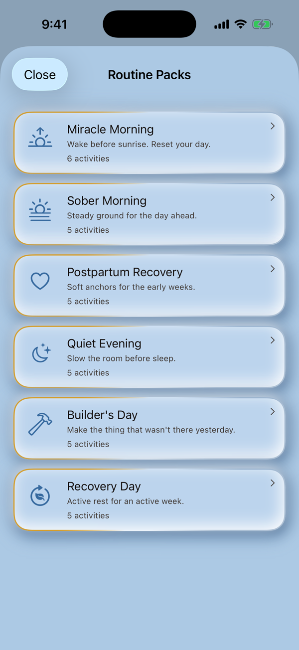 The Routine Packs sheet: Miracle Morning, Sober Morning, Postpartum Recovery, Quiet Evening, Builder's Day, Recovery Day.