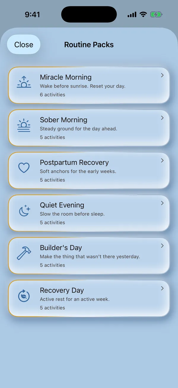 The Routine Packs sheet: Miracle Morning, Sober Morning, Postpartum Recovery, Quiet Evening, Builder's Day, Recovery Day.