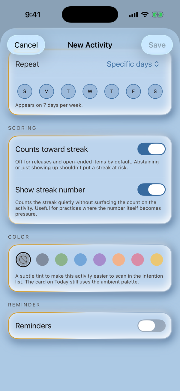 The activity editor, set to repeat daily, with scoring and reminder options.