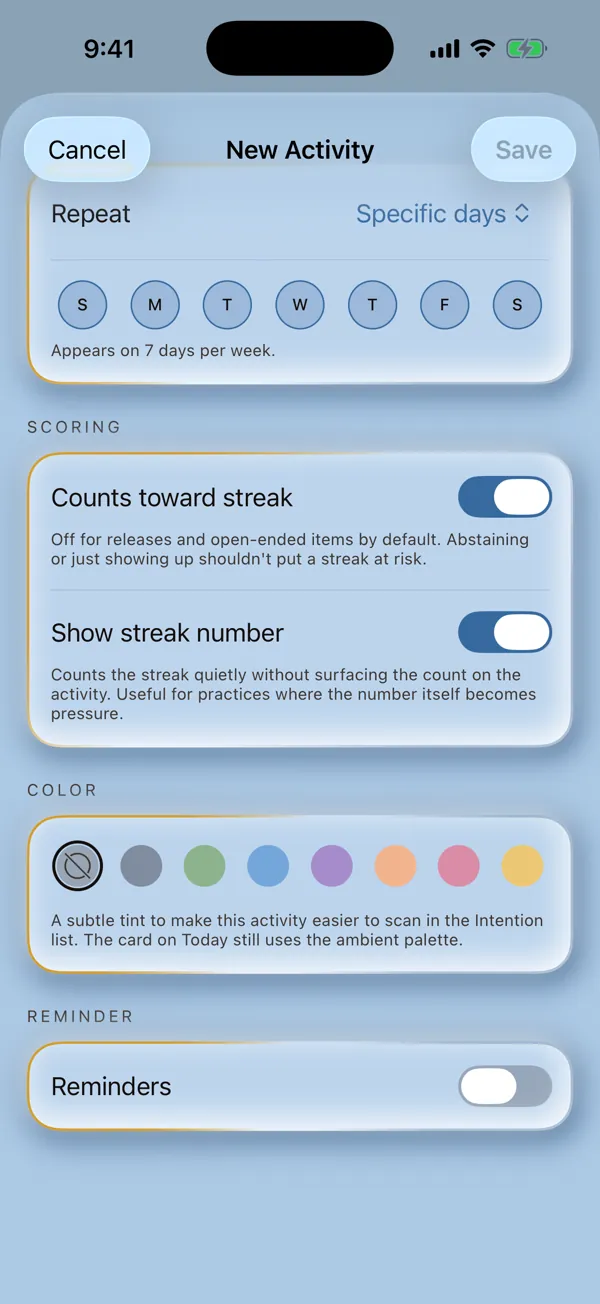 The activity editor, set to repeat daily, with scoring and reminder options.