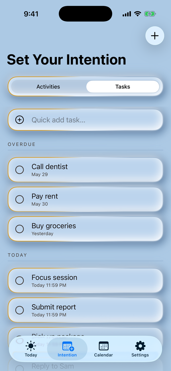 The Tasks tab: overdue and today's one-off tasks beside the recurring routines.