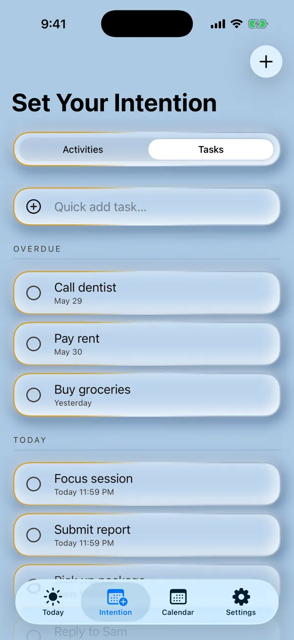 The Tasks tab: overdue and today's one-off tasks beside the recurring routines.