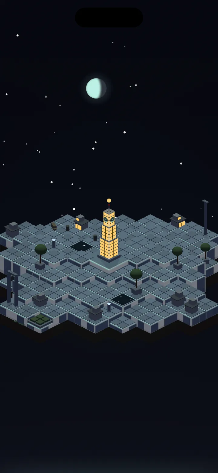 The Living Island at night: a lit clock tower and glowing cottage windows under a starfield and a crescent moon.