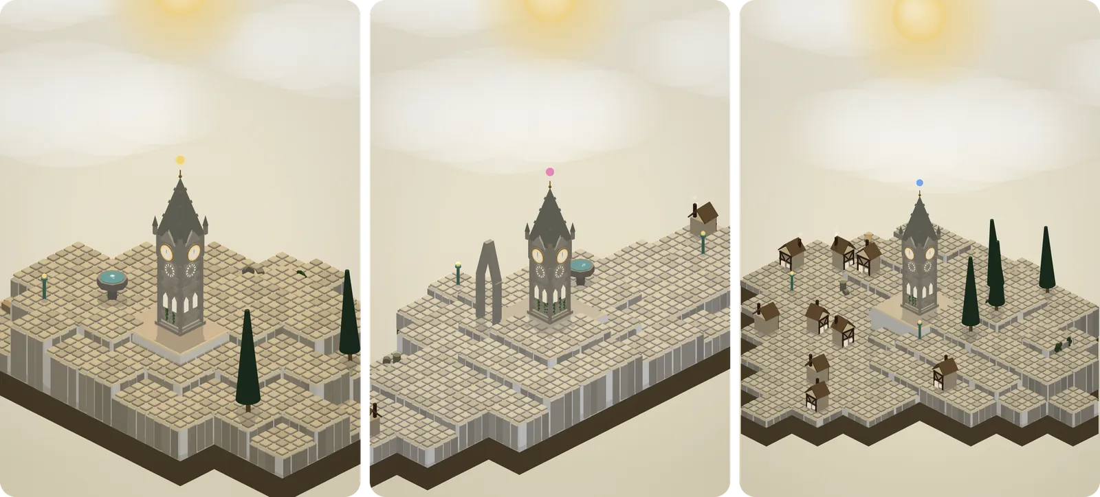 Three different Living Islands side by side, each with its own village layout, tower placement, trees, and gardens.