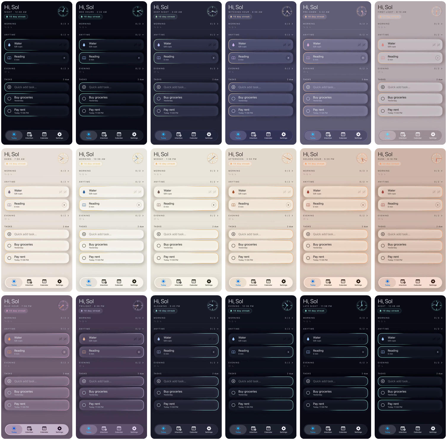 The Momentos Today screen in each of its named time-of-day phases: night, wee hours, dawn, morning, midday, golden hour, dusk, gloaming, and more. The same layout rendered in a different palette for every phase.