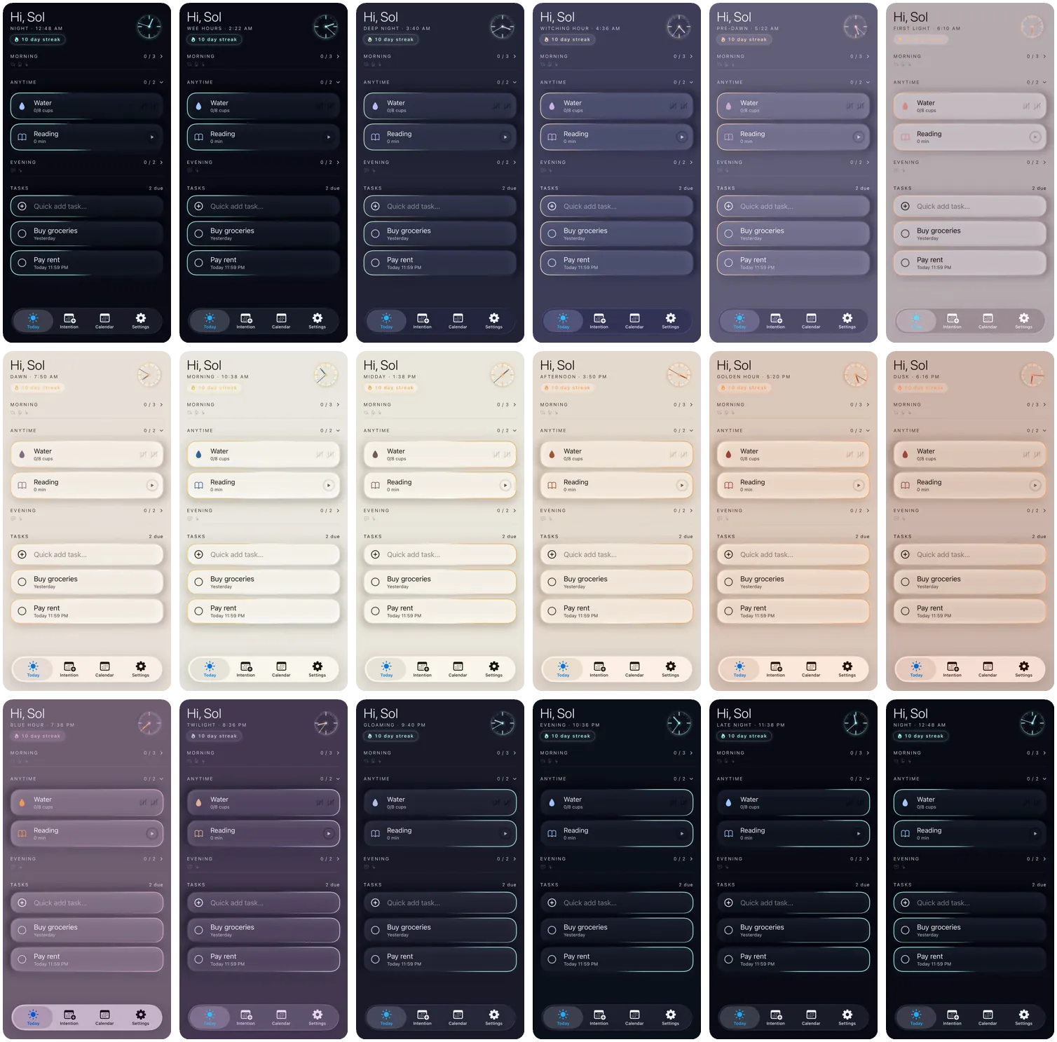 The Momentos Today screen in each of its named time-of-day phases: night, wee hours, dawn, morning, midday, golden hour, dusk, gloaming, and more. The same layout rendered in a different palette for every phase.