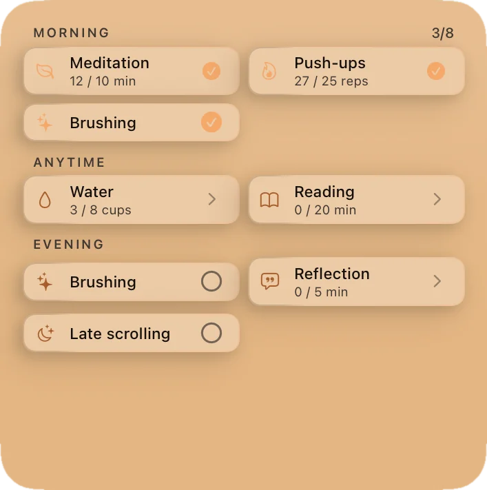 Large activities widget in the afternoon, morning done, evening still open