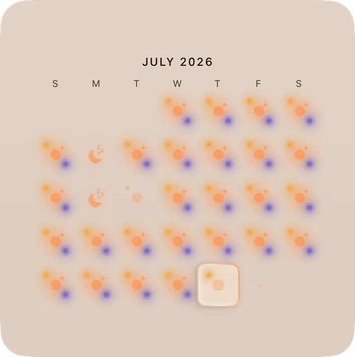 Month calendar widget at 5 PM, July filled with golden days and rest moons