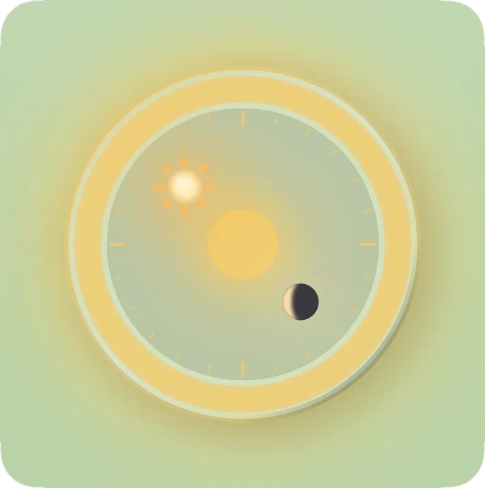 Large celestial clock widget at 9 AM, the sun climbing its golden ring