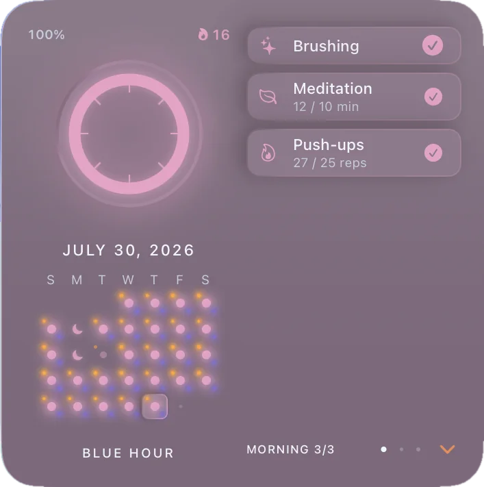 Large dial widget at blue hour, one hundred percent, a sixteen day streak