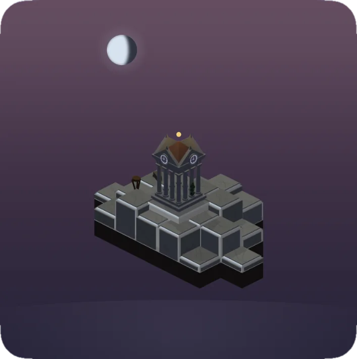 Large Living Island widget at night, the clock tower and cottage windows lit under the moon